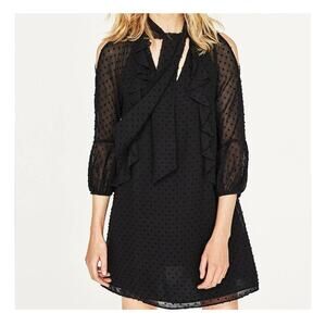 Zara Plumetis Swiss Dot Ruffle Dress with Bow in Black Size X-Small